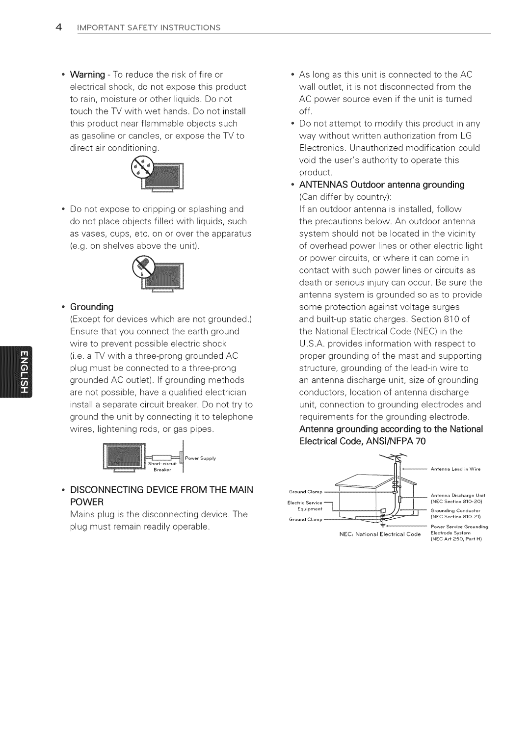 LG Electronics 32LS3410 manual Disconnecting Device from the Main Power 