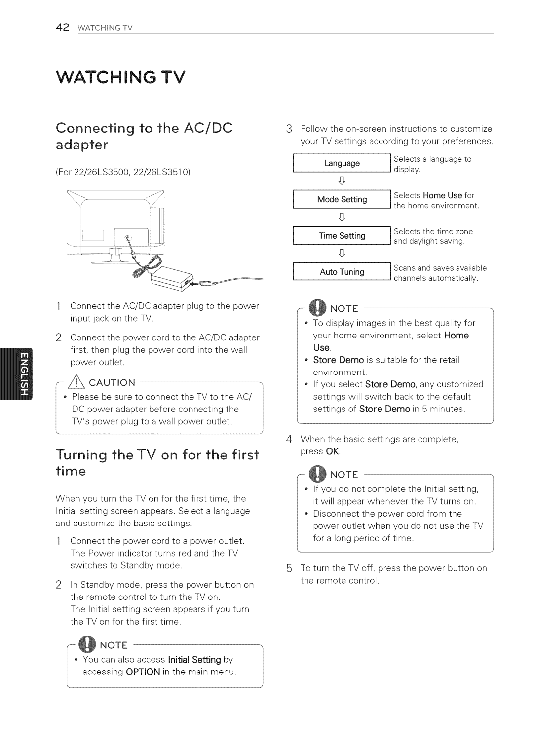 LG Electronics 32LS3410 manual Watching TV, Connecting to the AC/DC Adapter 