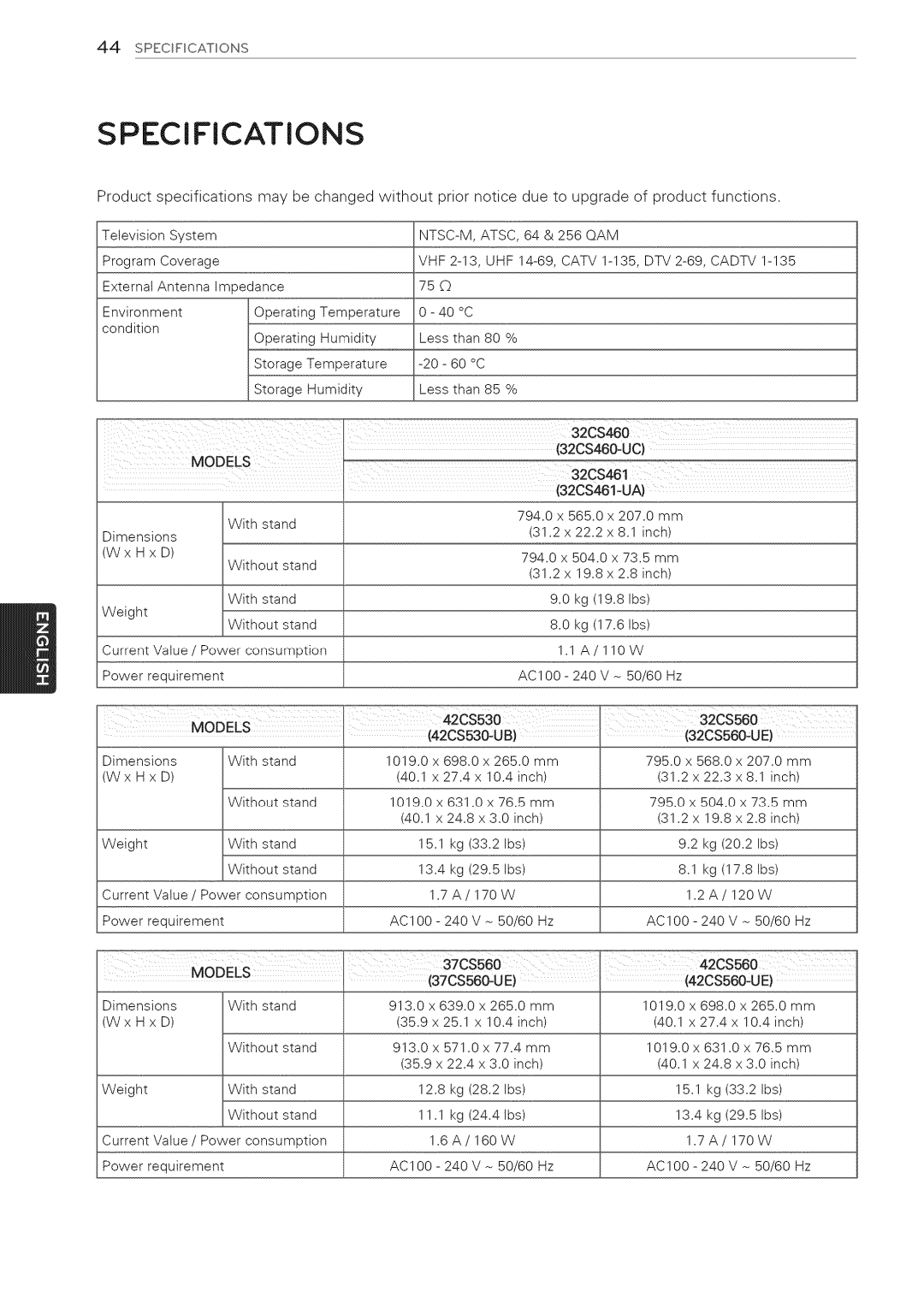 LG Electronics 32LS3410 manual Specifications, Models 