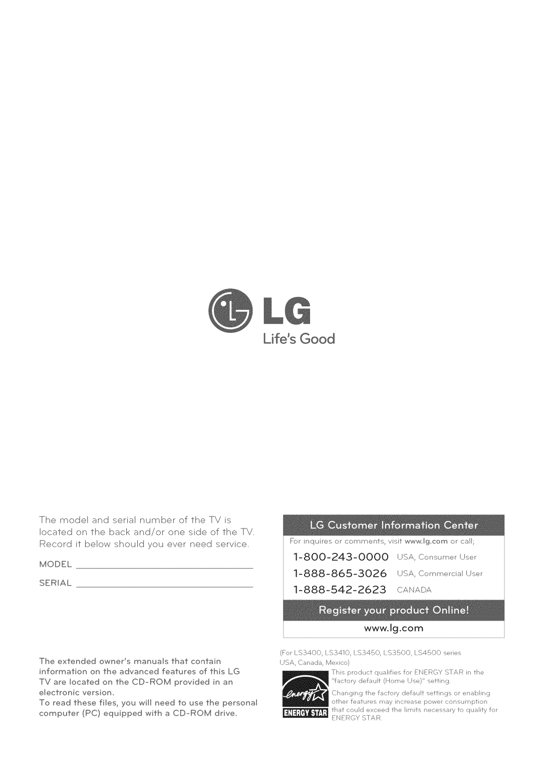 LG Electronics 32LS3410 manual Canada, Model Serial 