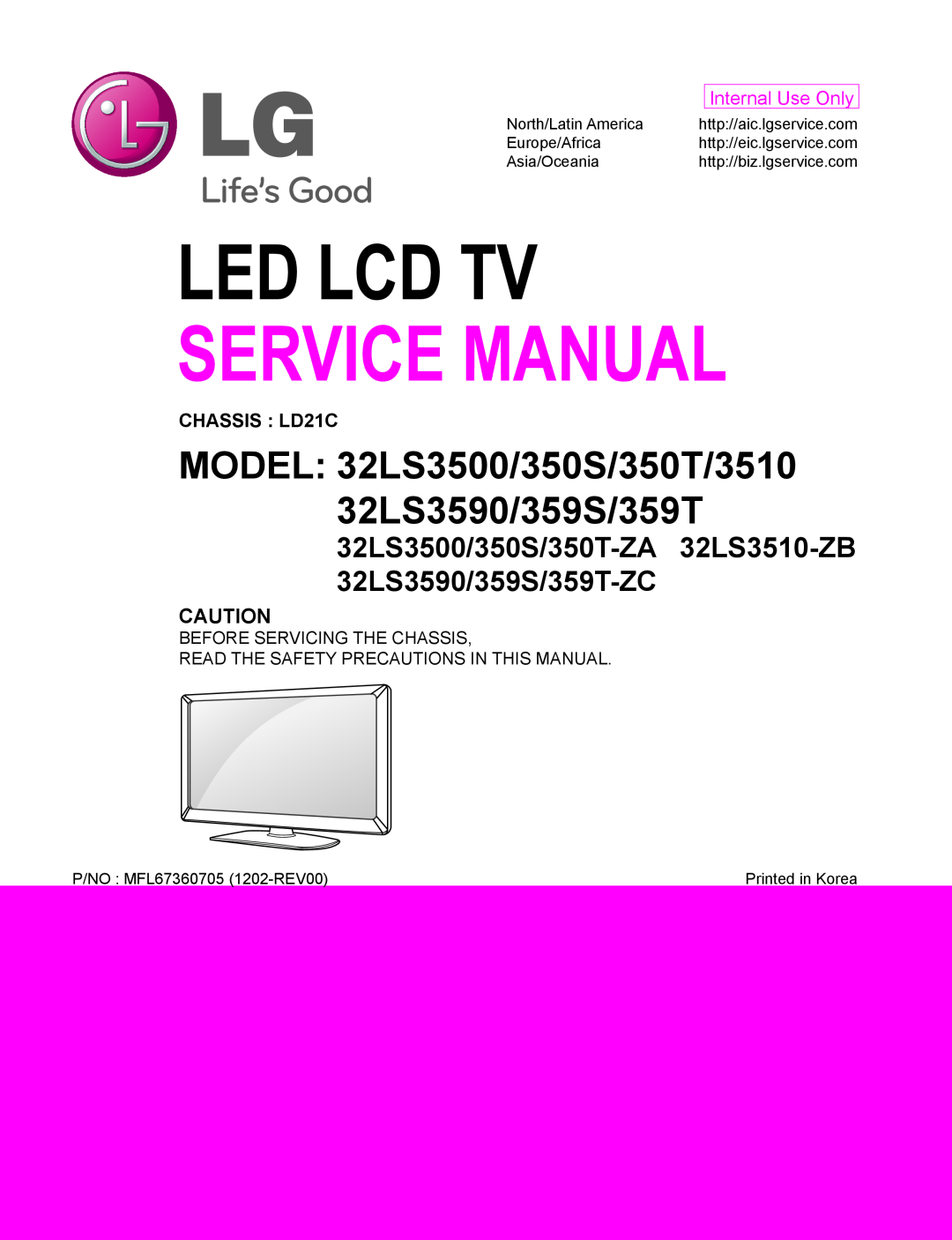LG Electronics 32LS3500-ZA service manual CHASSIS LD21C, Led Lcd Tv, Service Manual, Internal Use Only, Europe/Africa 