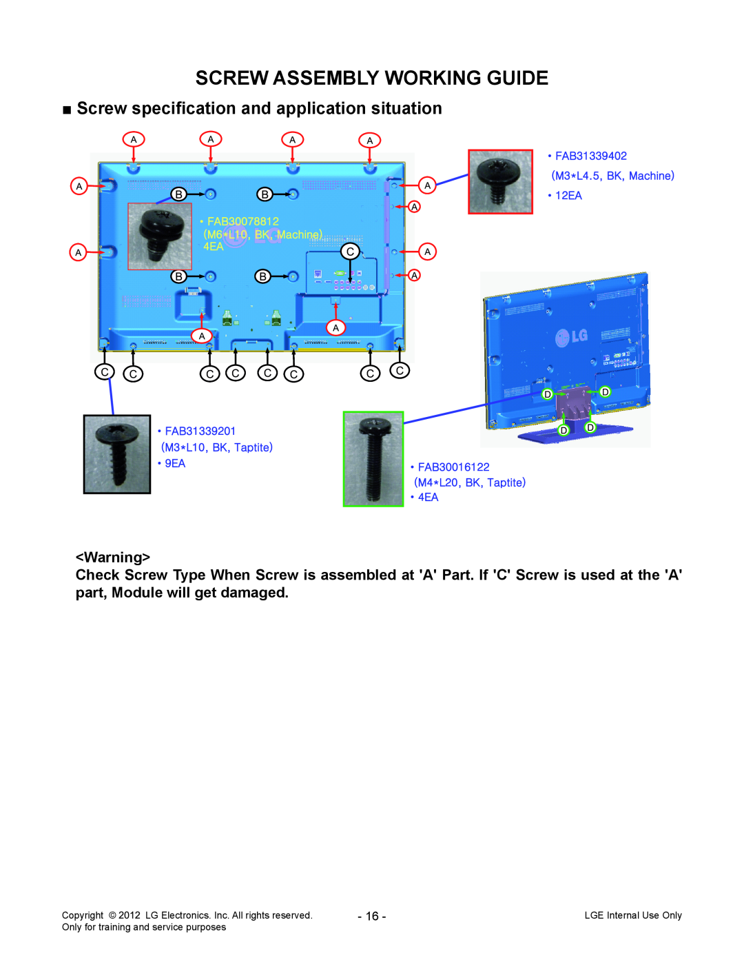 LG Electronics 32LS5610/561T-ZA Screw Assembly Working Guide, Screw specification and application situation, Copyright 