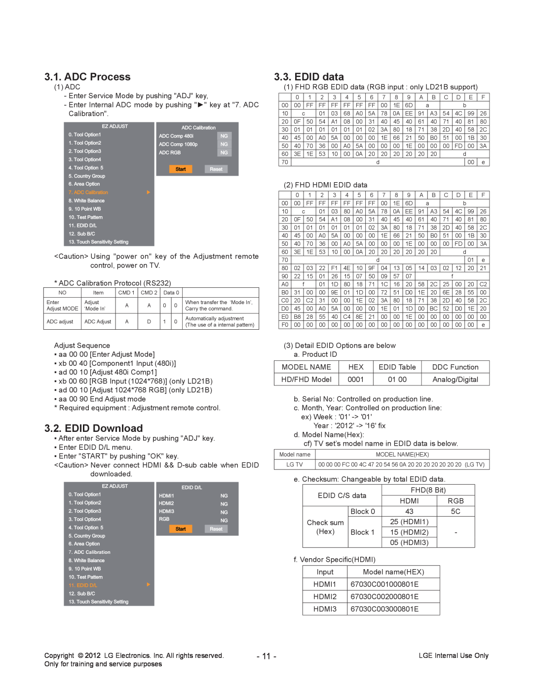 LG Electronics 32LS679C-ZC service manual ADC Process, EDID data, EDID Download, ADC Calibration 
