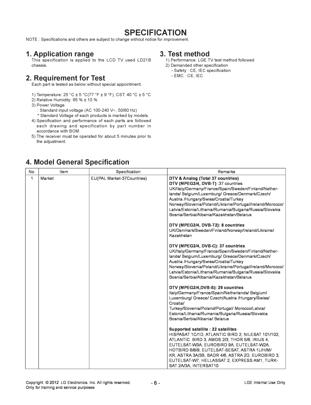 LG Electronics 32LS679C-ZC service manual Specification, Application range, Test method, Requirement for Test 