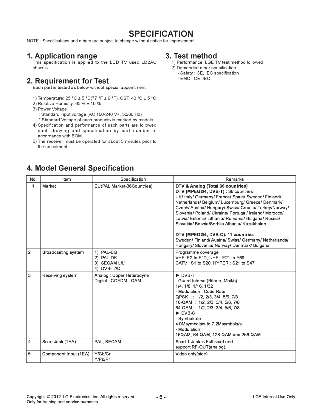 LG Electronics 32LT360C-ZA service manual Specification, Application range, Test method, Requirement for Test 