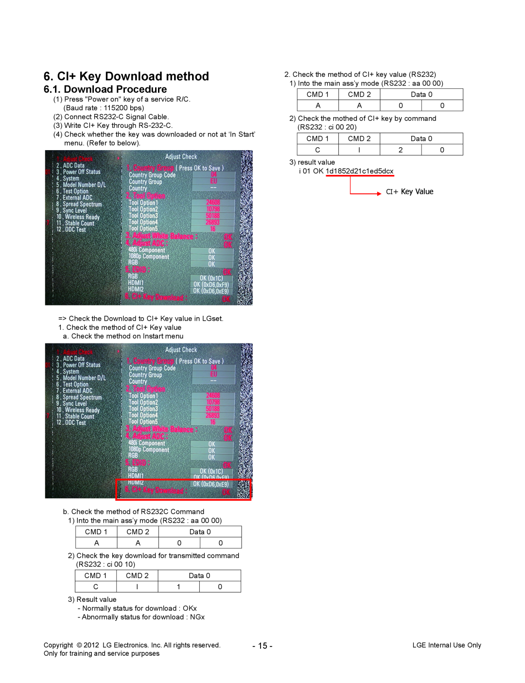 LG Electronics 32LT380C/380H-ZA, 32LT380H-ZA service manual 6. CI+ Key Download method, Download Procedure, CI+ Key Value 