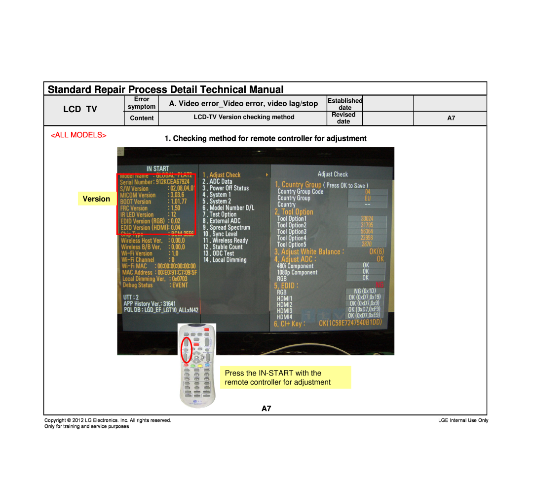 LG Electronics 32LT380H-ZA, 32LT380C All Models, Checking method for remote controller for adjustment, Version, Lcd Tv 