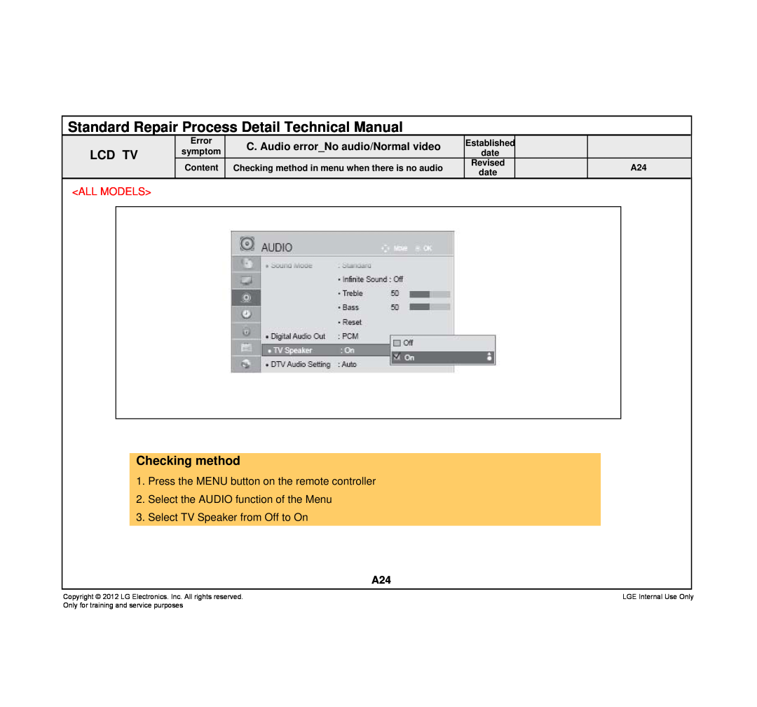 LG Electronics 32LT380C Checking method, C. Audio errorNo audio/Normal video, Select the AUDIO function of the Menu 