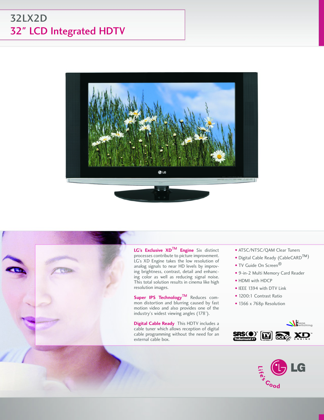 LG Electronics 32LX2D manual LCD Integrated HDTV, ATSC/NTSC/QAM Clear Tuners Digital Cable Ready CableCARD 