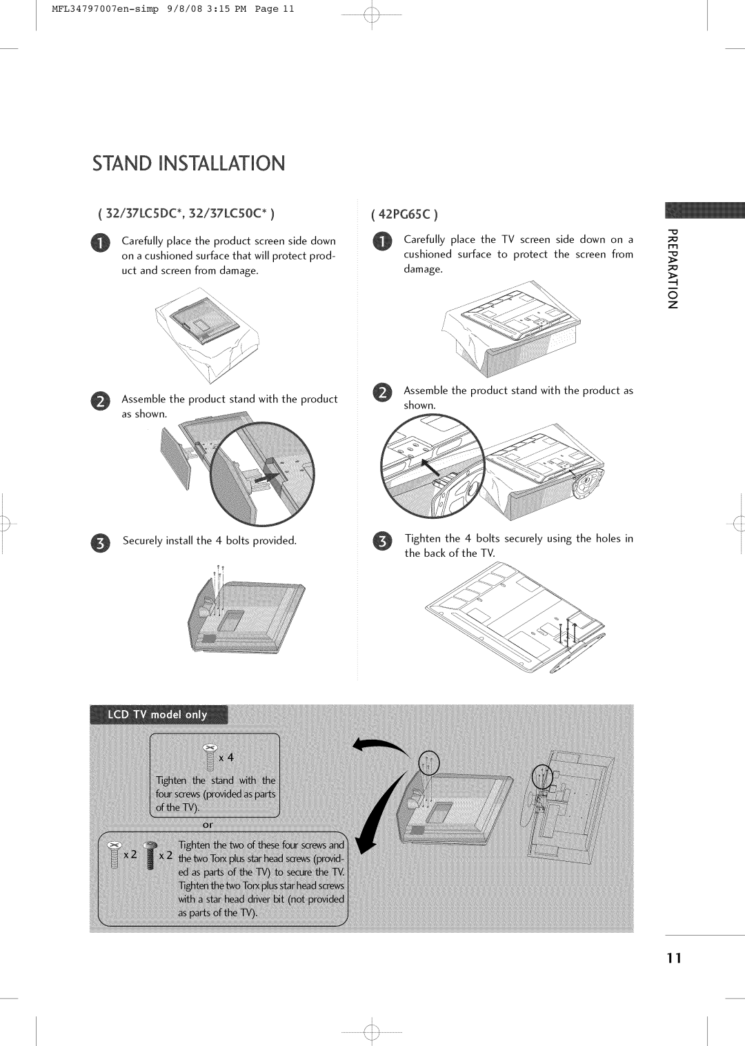 LG Electronics 32LCSDCB, 32LXSOCS, 32LCSOCB, 32LCSDCS, 37LCSDC1 owner manual Stand Installation, 32137LC5DC*, 32/37LC50C 