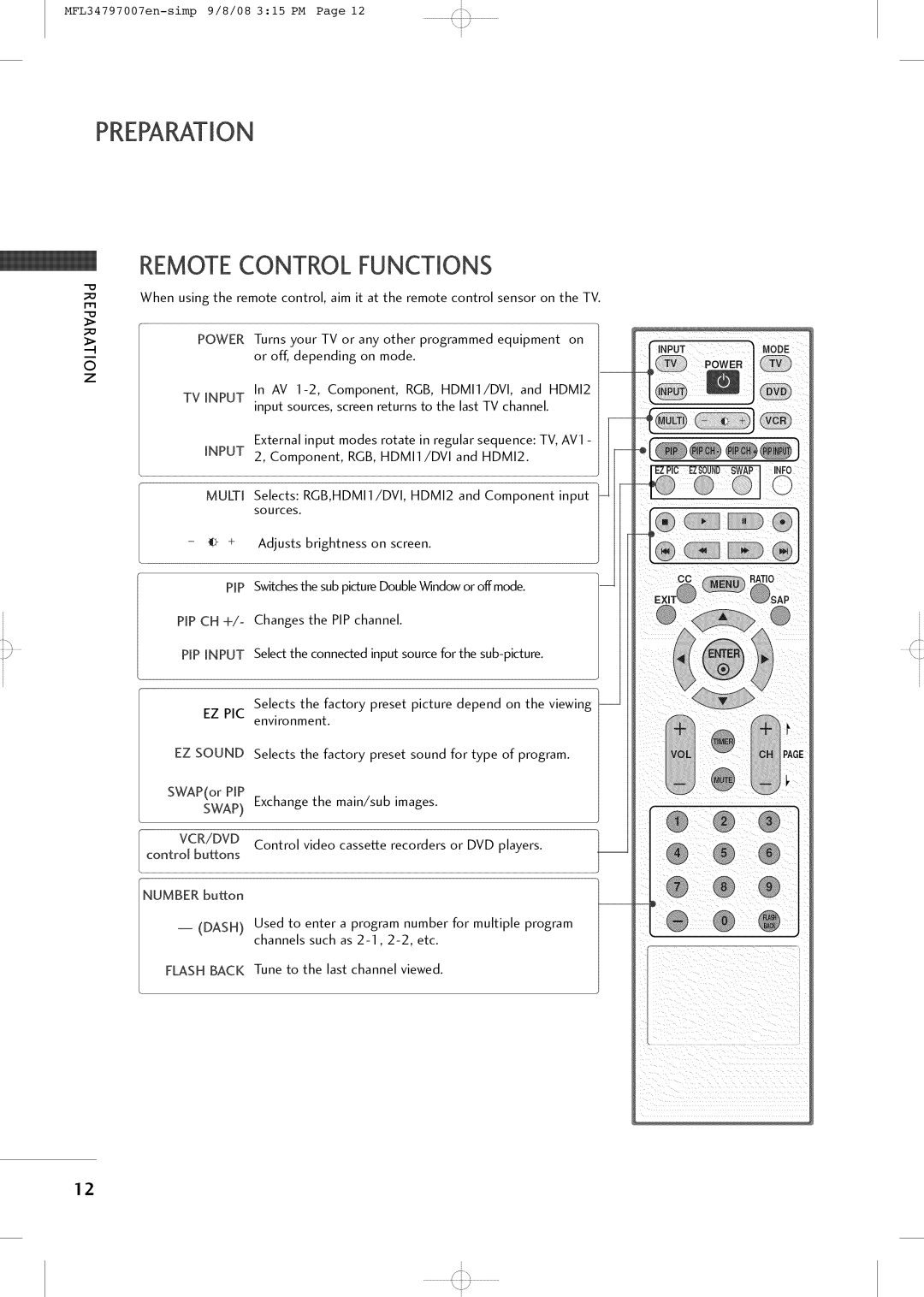 LG Electronics 32LXSOCS, 32LCSOCB, 32LCSDCB, 32LCSDCS, 37LCSDC1 owner manual Remote Control Functmons, Power, Ratio 