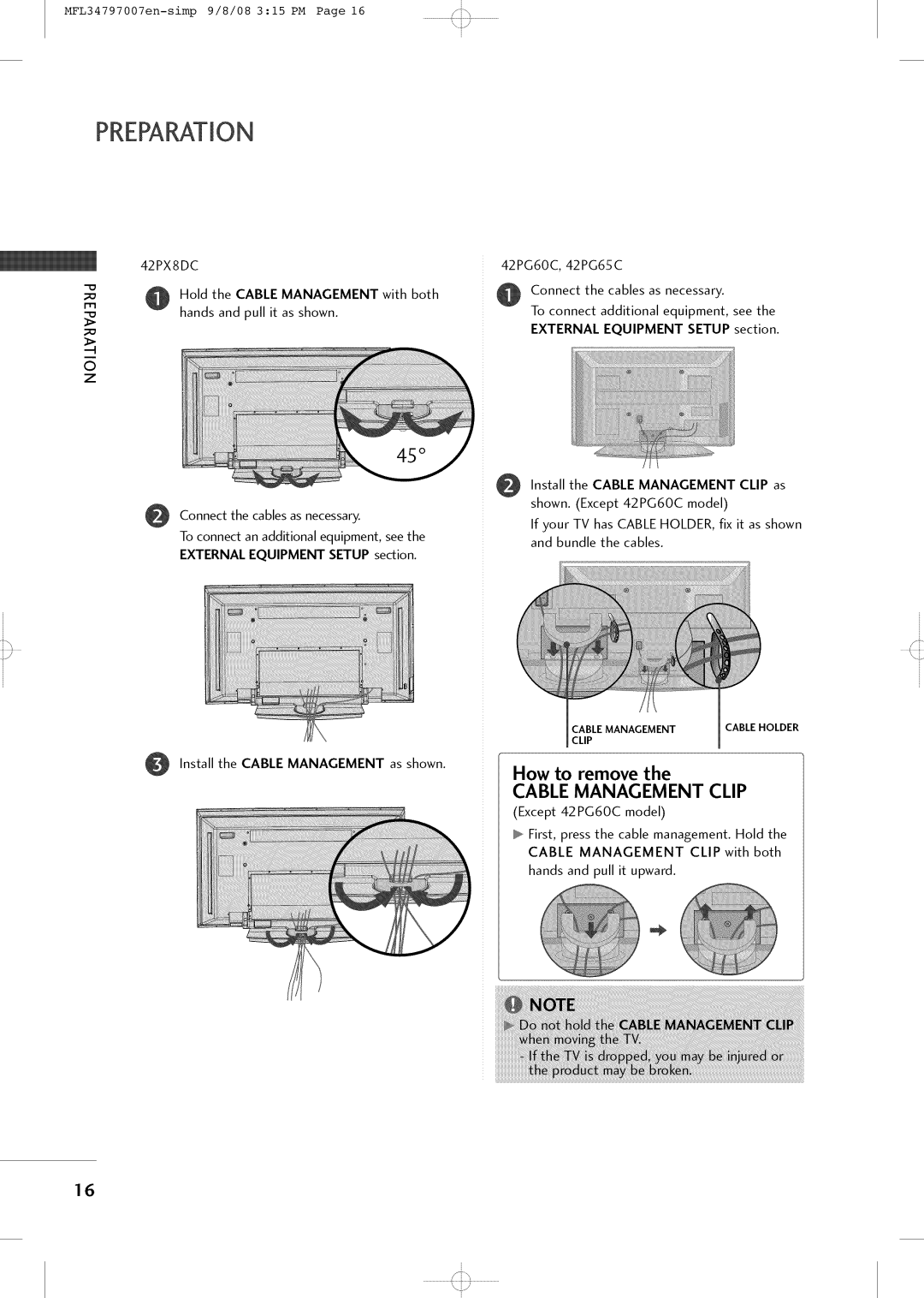 LG Electronics 32LXSOCS, 32LCSOCB, 32LCSDCB, 32LCSDCS, 37LCSDC1 owner manual Cable Management Clip, 42PX8DC 