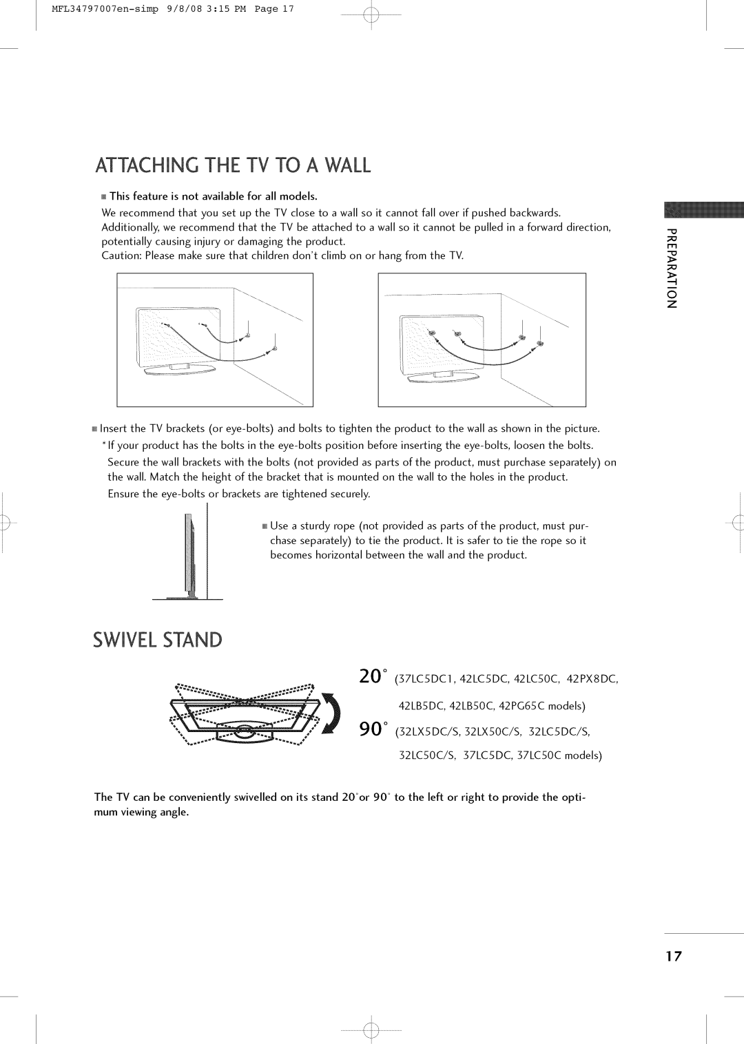 LG Electronics 32LCSOCB, 32LXSOCS, 32LCSDCB, 32LCSDCS, 37LCSDC1 owner manual Attaching the TV to a Wall, Swivel Stand 