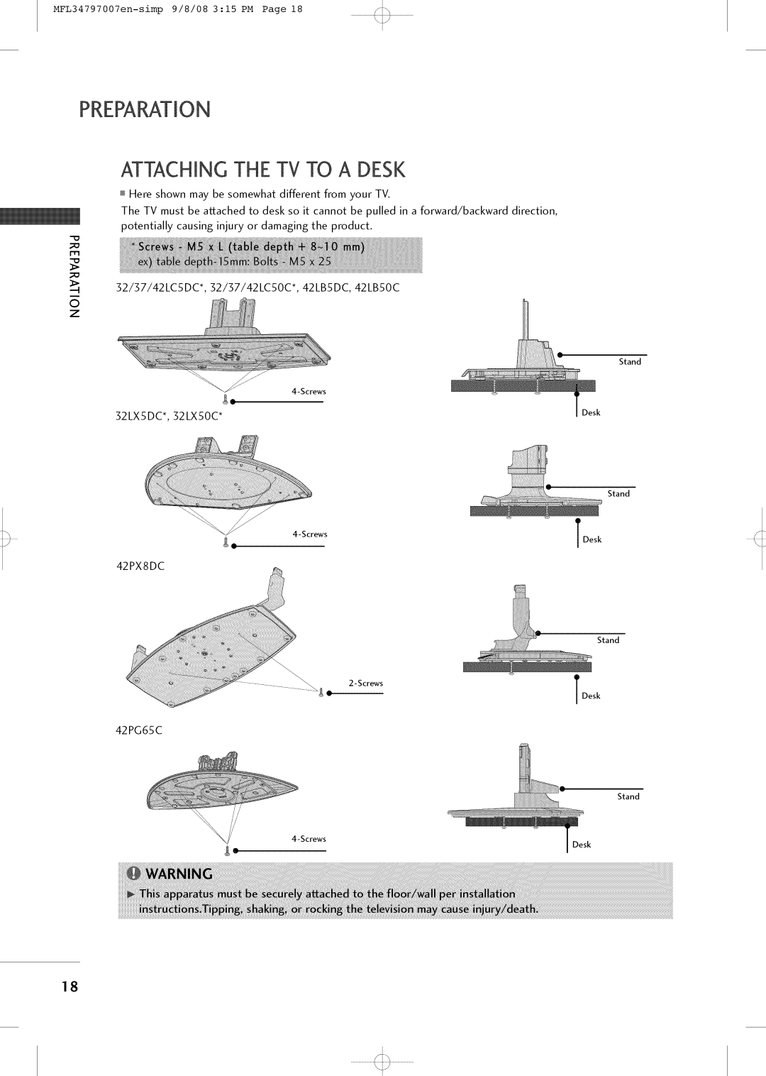 LG Electronics 32LXSOCS, 32LCSOCB, 32LCSDCB, 32LCSDCS, 37LCSDC1 owner manual Attaching the TV to a Desk 