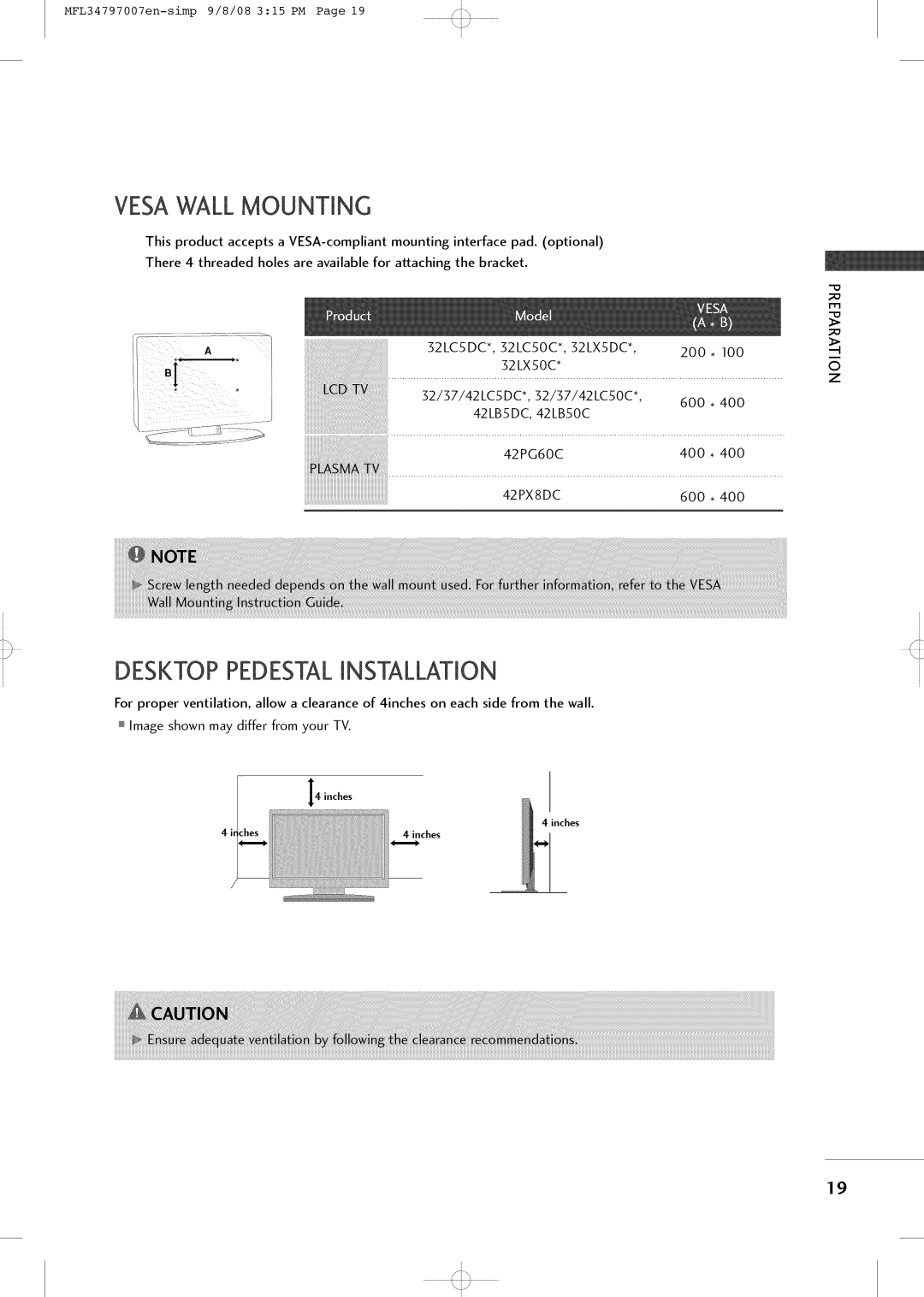 LG Electronics 32LCSDCB, 32LXSOCS, 32LCSOCB, 32LCSDCS, 37LCSDC1 owner manual Vesawall Mounting, Desktop Pedestalinstallation 