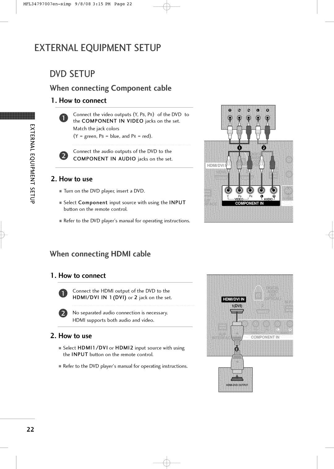 LG Electronics 37LCSDC1, 32LXSOCS, 32LCSOCB, 32LCSDCB, 32LCSDCS owner manual Externalequipment Setup, DVD Setup 