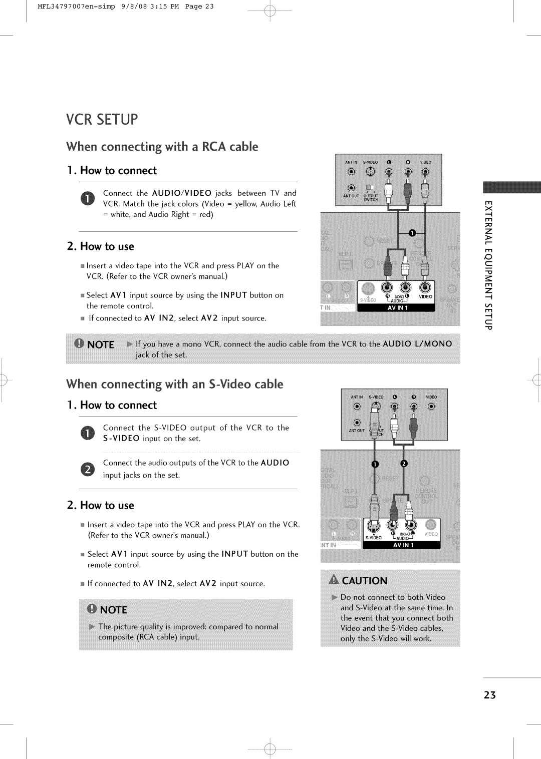 LG Electronics 32LXSOCS, 32LCSOCB, 32LCSDCB, 32LCSDCS, 37LCSDC1 VCR Setup, When connecting with an S-Video cable 