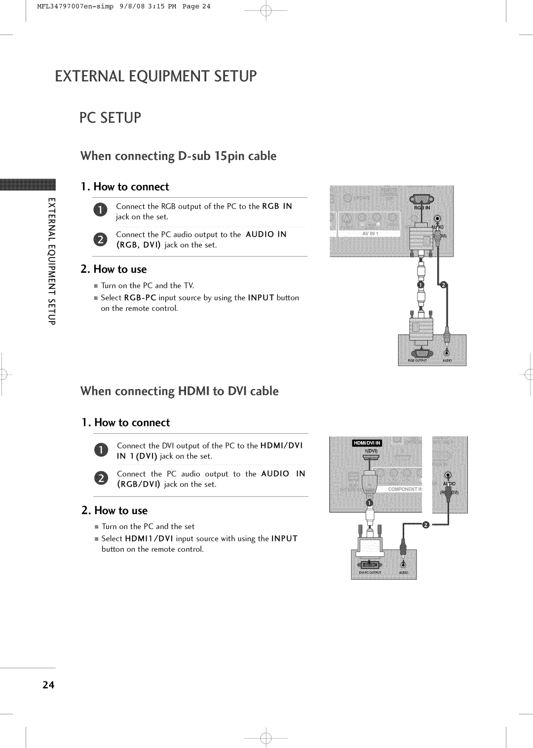 LG Electronics 32LXSOCS, 32LCSOCB, 32LCSDCB, 32LCSDCS, 37LCSDC1 owner manual PC Setup, When connecting D-sub 15pin cable 