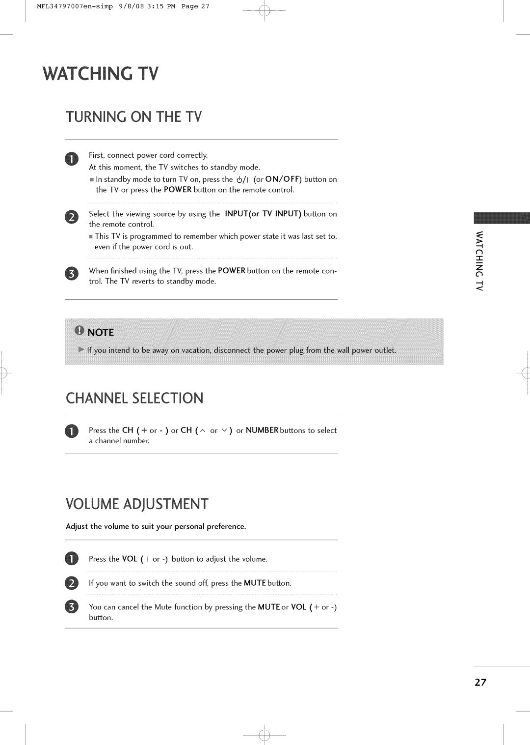 LG Electronics 32LCSDCB, 32LXSOCS, 32LCSOCB, 32LCSDCS Watching TV, Turning on the TV, Channel Selection, Volume Adjustment 