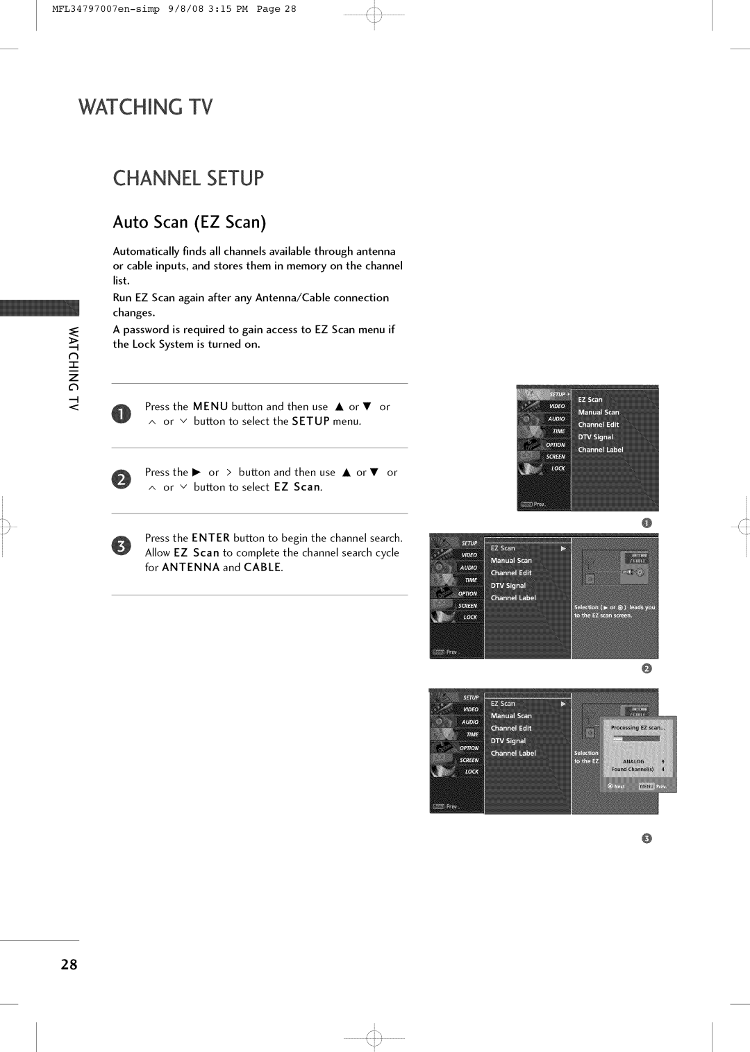 LG Electronics 32LXSOCS, 32LCSOCB, 32LCSDCB, 32LCSDCS, 37LCSDC1 owner manual Watching TV, Channel Setup 