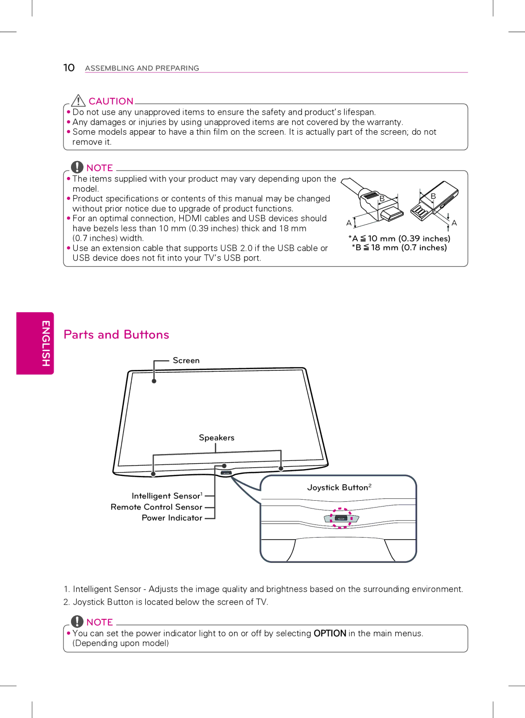 LG Electronics 32LY340H, 55LY340H, 42LY340H, 47LY340H, 39LY340H owner manual Parts and Buttons 