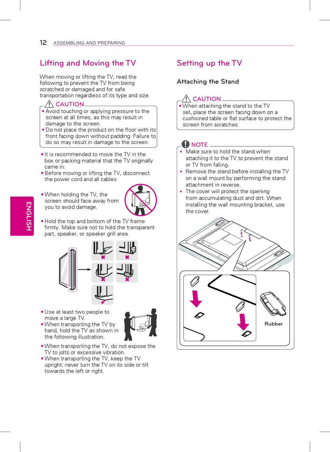 LG Electronics 42LY340H, 32LY340H, 55LY340H, 47LY340H, 39LY340H owner manual Lifting and Moving the TV, Setting up the TV 