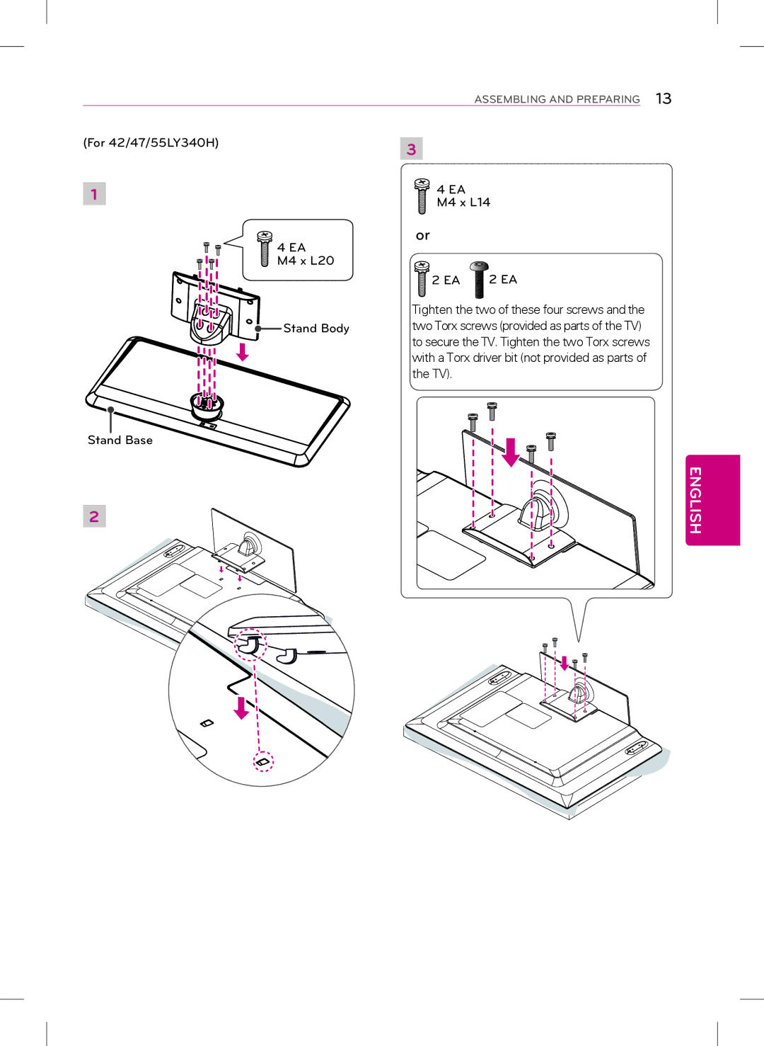 LG Electronics 47LY340H, 32LY340H, 42LY340H, 39LY340H owner manual For 42/47/55LY340H M4 x L14 M4 x L20 