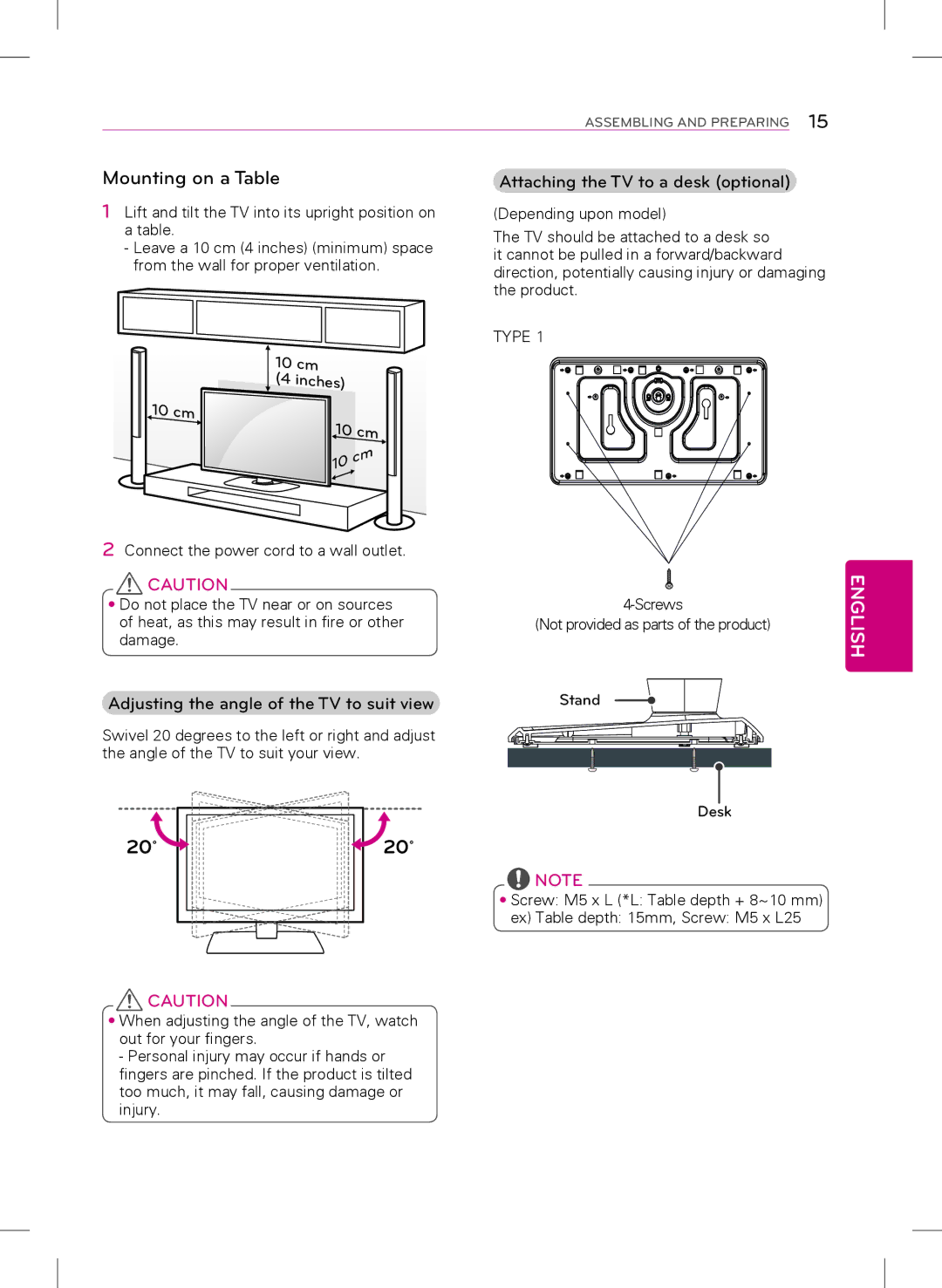 LG Electronics 32LY340H, 55LY340H, 42LY340H, 47LY340H, 39LY340H owner manual 20˚20˚ 