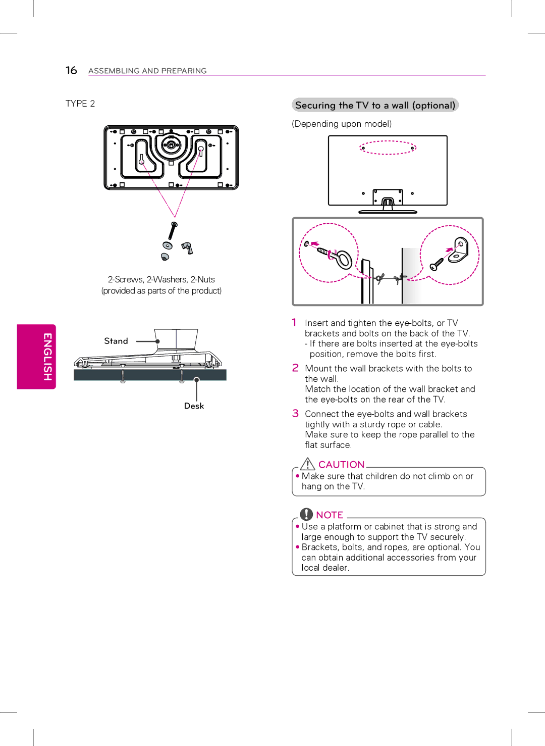 LG Electronics 55LY340H, 32LY340H, 42LY340H, 47LY340H, 39LY340H owner manual Securing the TV to a wall optional 