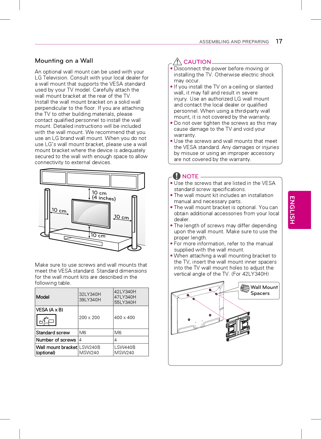 LG Electronics 42LY340H, 32LY340H, 55LY340H, 47LY340H, 39LY340H owner manual Mounting on a Wall, Cm 10 cm 