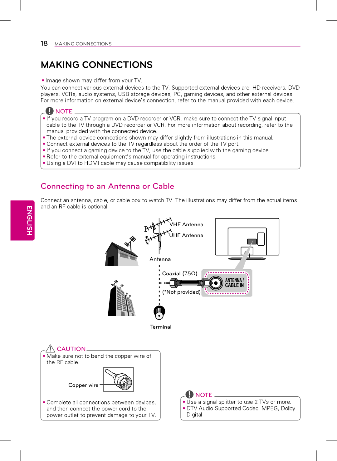 LG Electronics 47LY340H, 32LY340H, 55LY340H, 42LY340H, 39LY340H Making Connections, Connecting to an Antenna or Cable 