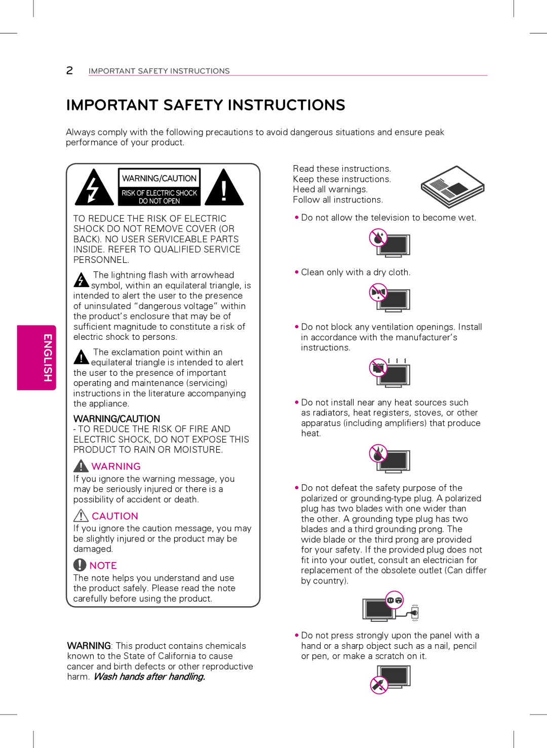 LG Electronics 42LY340H, 32LY340H, 55LY340H, 47LY340H, 39LY340H owner manual Important Safety Instructions, English 