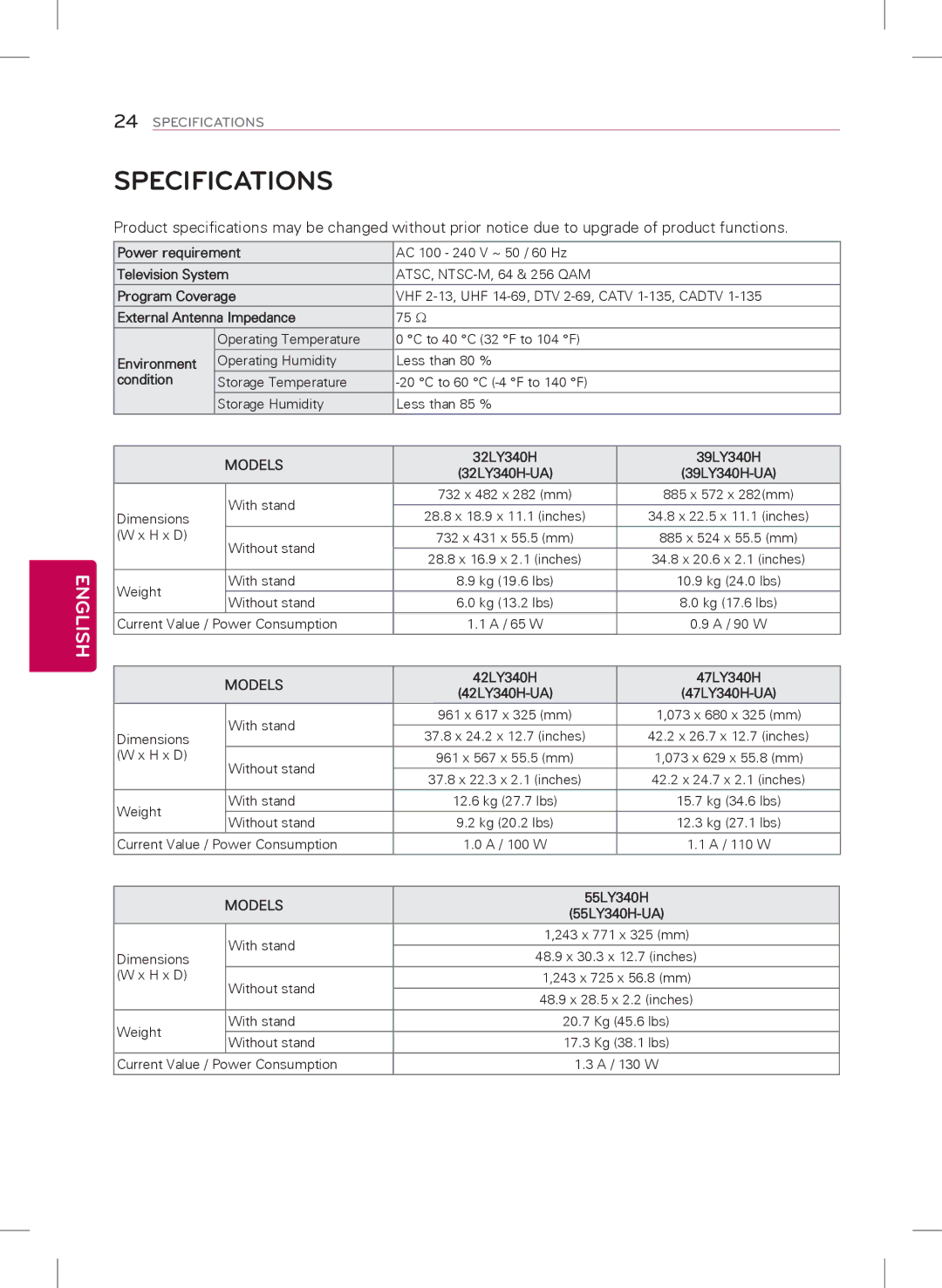 LG Electronics 39LY340H, 32LY340H, 55LY340H, 42LY340H, 47LY340H owner manual Specifications, Models 