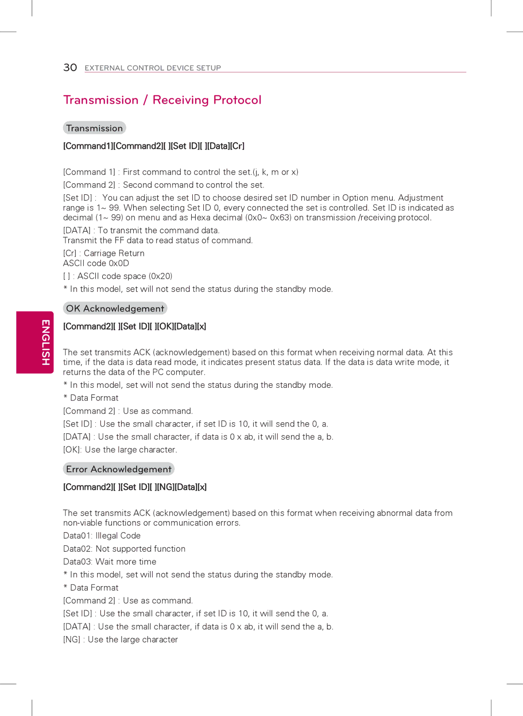 LG Electronics 32LY340H, 55LY340H, 42LY340H Transmission / Receiving Protocol, OK Acknowledgement, Error Acknowledgement 