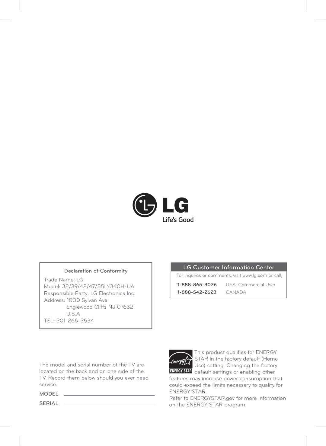 LG Electronics 42LY340H, 32LY340H, 55LY340H, 47LY340H, 39LY340H owner manual LG Customer Information Center 