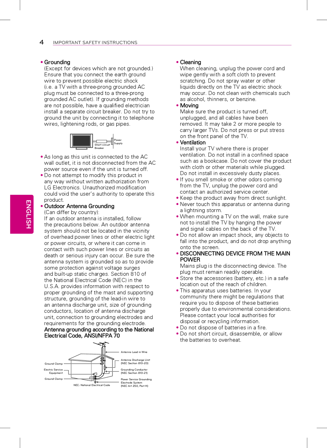 LG Electronics 39LY340H, 32LY340H, 55LY340H, 42LY340H, 47LY340H owner manual Outdoor Antenna Grounding, Moving, Ventilation 