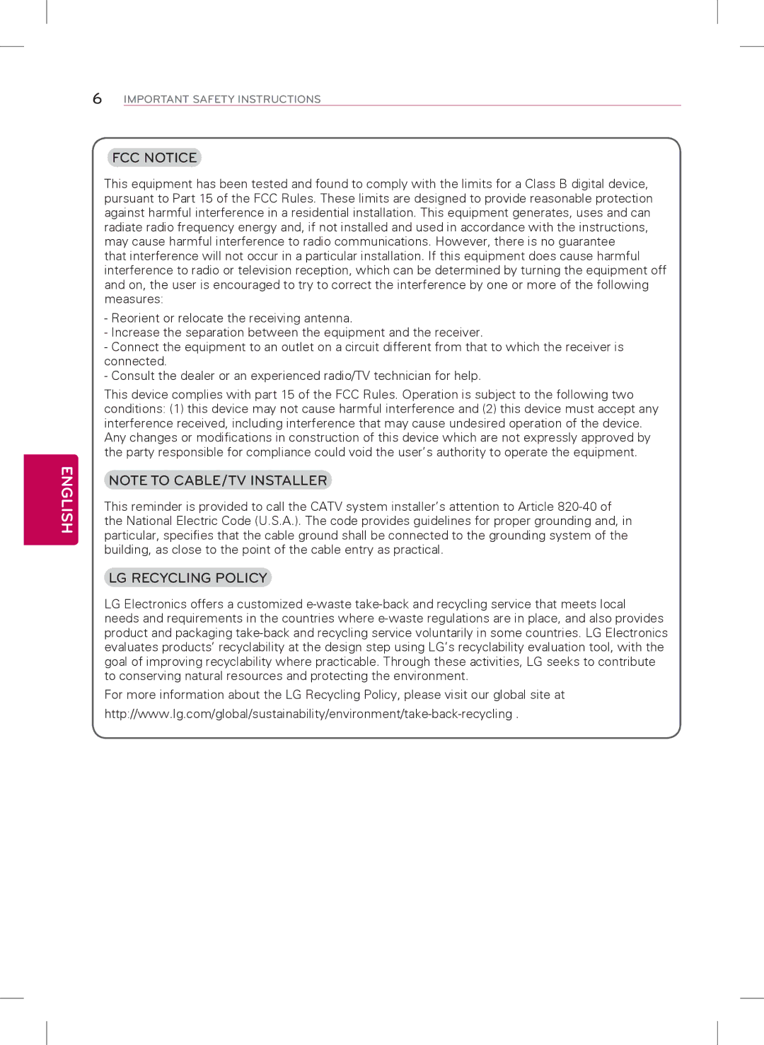 LG Electronics 55LY340H, 32LY340H, 42LY340H, 47LY340H, 39LY340H owner manual FCC Notice, LG Recycling Policy 