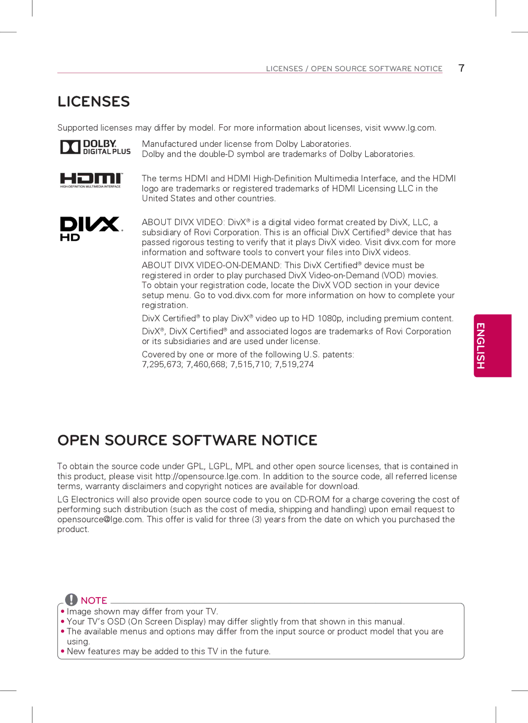 LG Electronics 42LY340H, 32LY340H, 55LY340H, 47LY340H, 39LY340H owner manual Licenses, Open Source Software Notice 