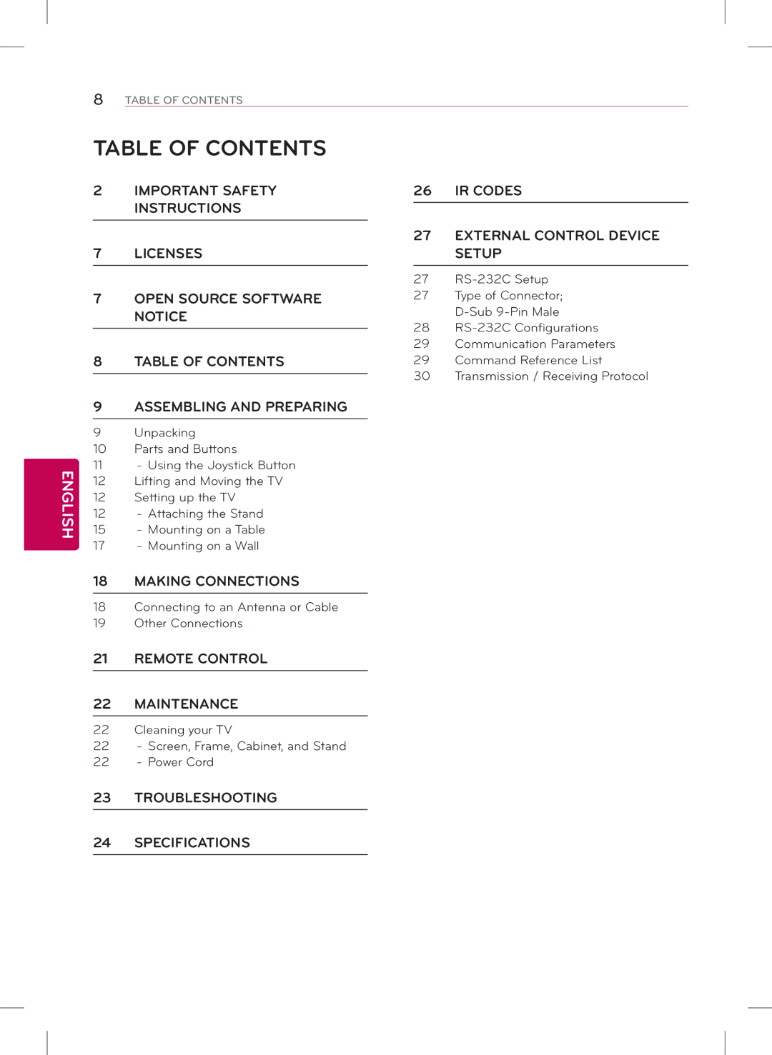 LG Electronics 47LY340H, 32LY340H, 55LY340H, 42LY340H, 39LY340H owner manual Table of Contents 