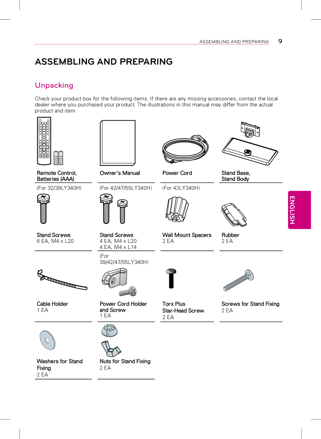 LG Electronics 39LY340H, 32LY340H, 55LY340H, 42LY340H, 47LY340H owner manual Assembling and Preparing, Unpacking 