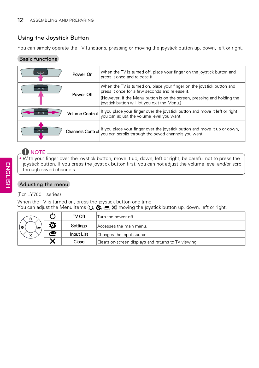 LG Electronics 42LY750H, 32LY750H, 55LY750H, 47LY750H Using the Joystick Button, Basic functions, Adjusting the menu 