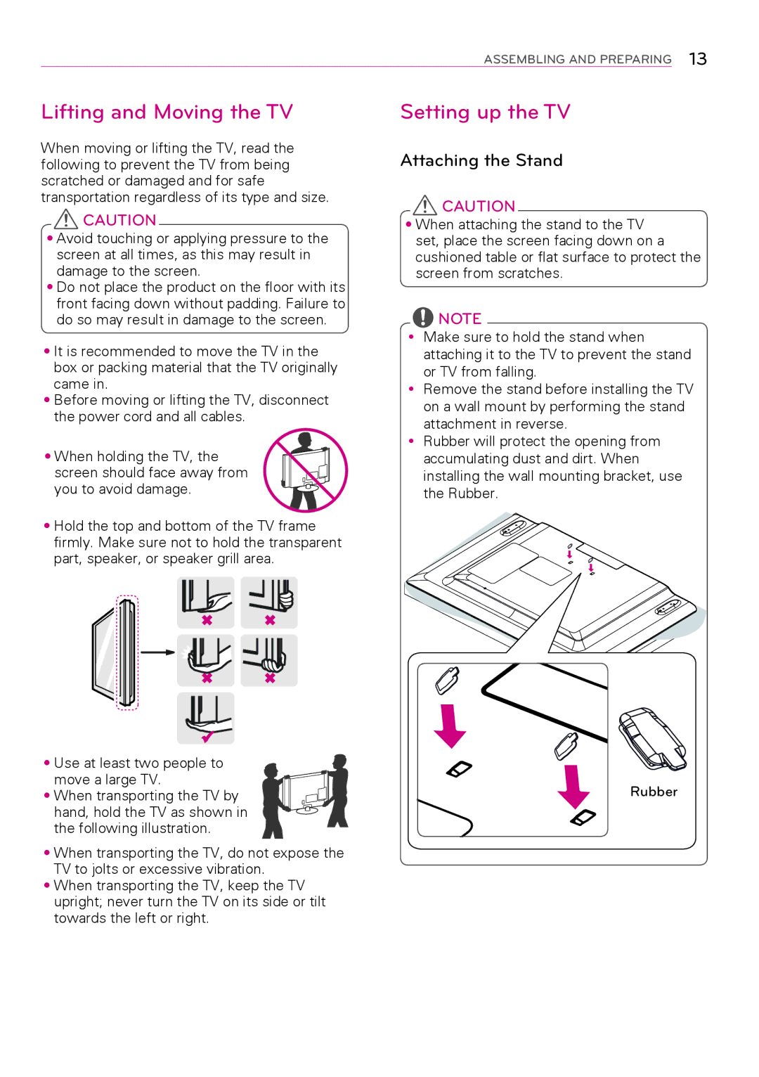 LG Electronics 47LY750H, 32LY750H, 55LY750H, 42LY750H Lifting and Moving the TV, Setting up the TV, Attaching the Stand 