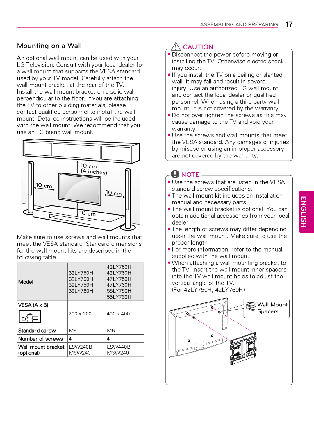 LG Electronics 42LY760H Mounting on a Wall, Model, Vesa a x B, Standard screw Number of screws Wall mount bracket 