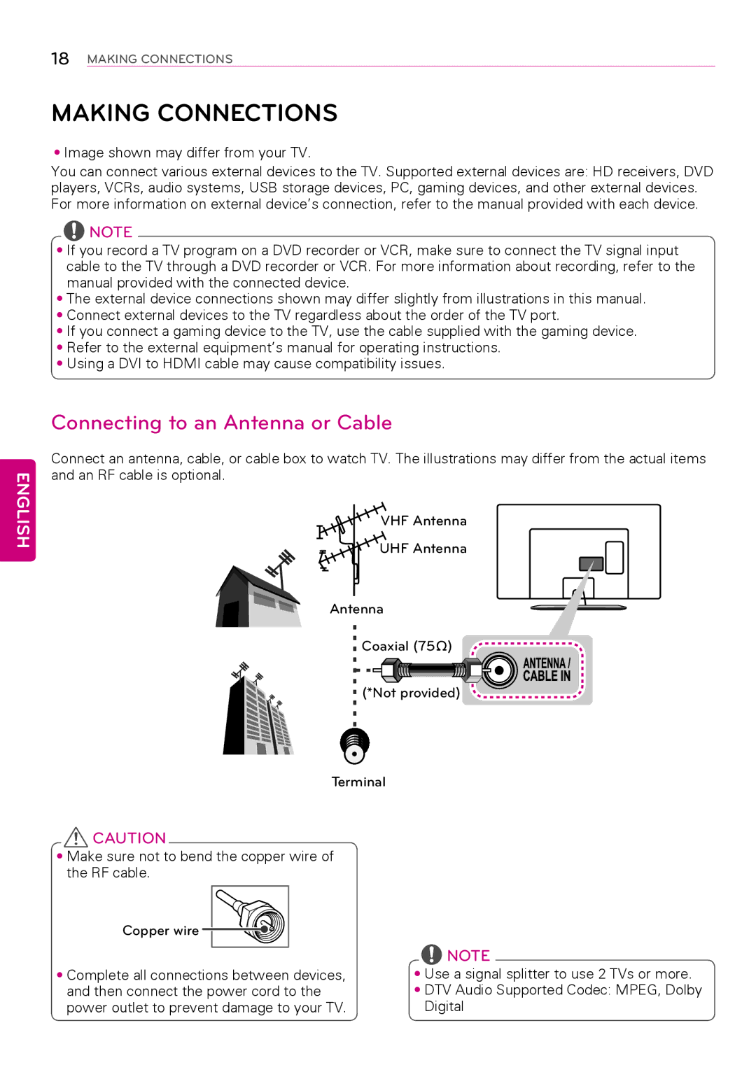 LG Electronics 47LY760H, 32LY750H, 55LY750H, 42LY750H, 47LY750H Making Connections, Connecting to an Antenna or Cable 