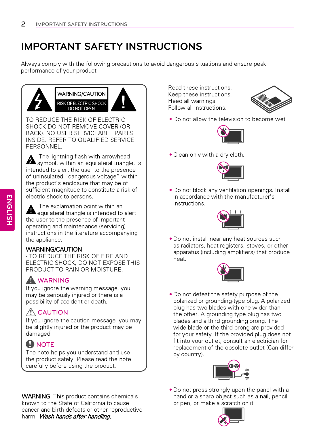 LG Electronics 42LY750H, 32LY750H, 55LY750H, 47LY750H, 39LY750H, 32LY760H, 39LY760H Important Safety Instructions, English 