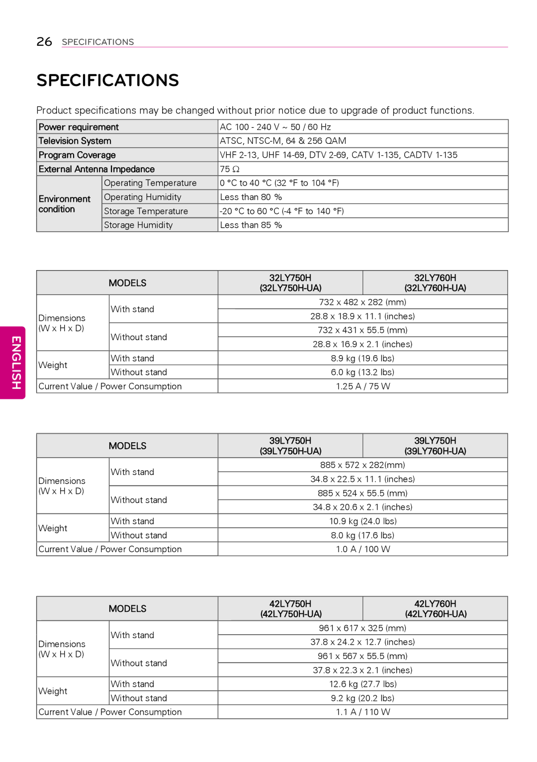 LG Electronics 39LY760H, 32LY750H, 55LY750H, 42LY750H, 47LY750H, 39LY750H, 32LY760H, 42LY760H, 47LY760H, 55LY760H Specifications 