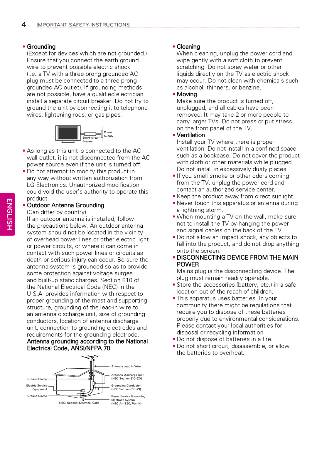 LG Electronics 39LY750H, 32LY750H, 55LY750H, 42LY750H, 47LY750H, 32LY760H, 39LY760H Disconnecting Device from the Main Power 