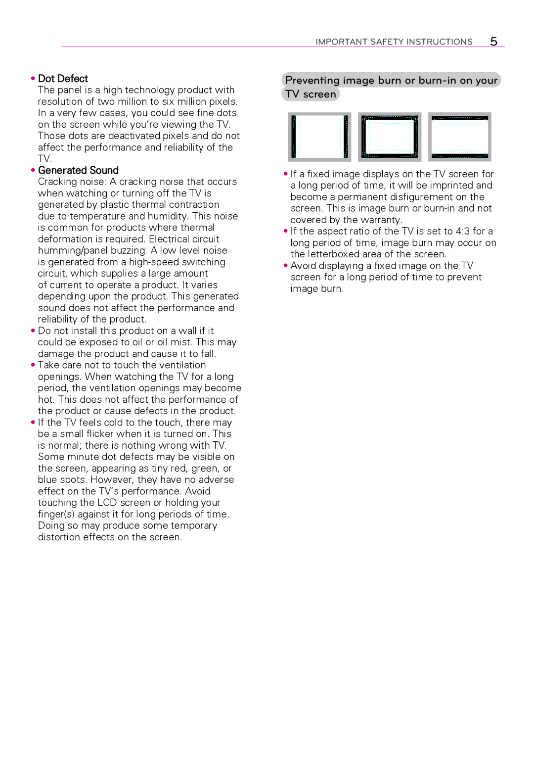 LG Electronics 32LY760H, 32LY750H, 55LY750H, 42LY750H Preventing image burn or burn-in on your TV screen, Dot Defect 