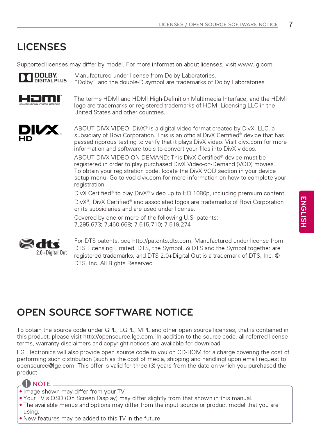 LG Electronics 42LY760H, 32LY750H, 55LY750H, 42LY750H, 47LY750H, 39LY750H, 32LY760H Licenses, Open Source Software Notice 