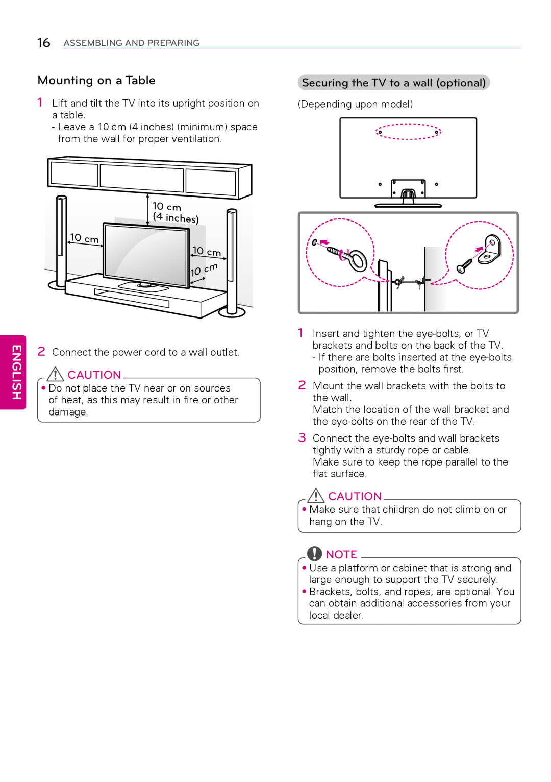 LG Electronics 39LY760H, 32LY750H, 55LY750H, 42LY750H Mounting on a Table, 10 cm, Securing the TV to a wall optional 